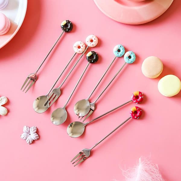 Donut-skje og -gaffel i rustfritt stål til iskrem, kake, dessert og kaffe Pink Fork