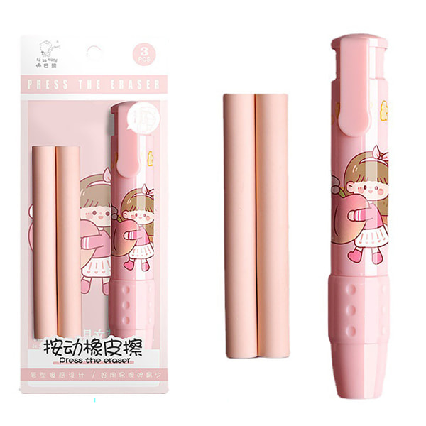 3stk/sett Penn Eraser Retractable Press Pencil Rubber School Corr Pink