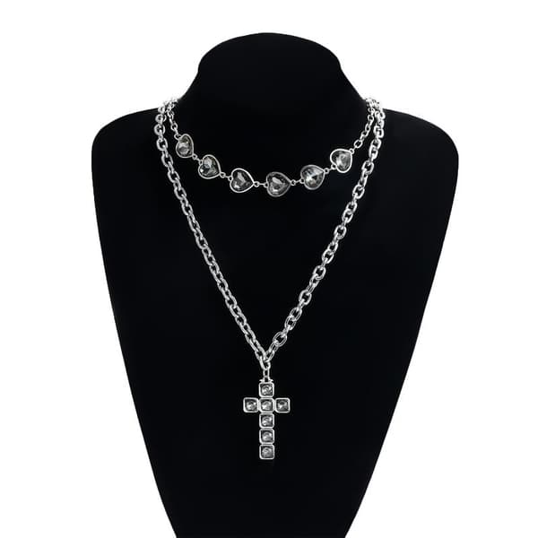 Mode Sort Rhinestone Kors Vedhæng Stablet Hjerte Halskæde W