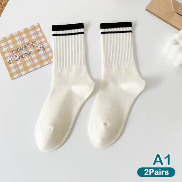 2Pari uudet muotisukat Yksiväriset raidalliset sukat Casual Cotton A1