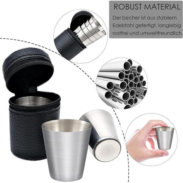 4st 30ML Rostfria Stålmuggar Set Bärbara Utomhus Med Läder Silver