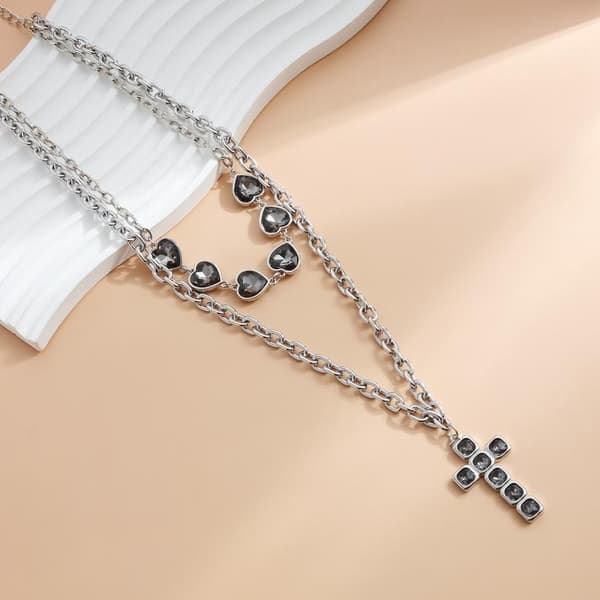 Mode Sort Rhinestone Kors Vedhæng Stablet Hjerte Halskæde W