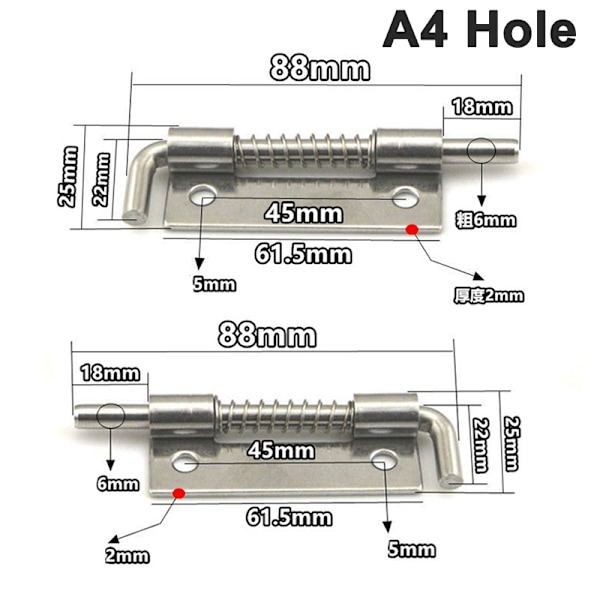 1Pari 304 ruostumattomasta teräksestä ladattu saranan turvajousipulttitanko A4 Hole
