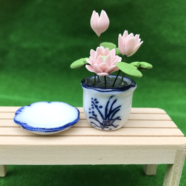 1:12 Mini keraaminen ruukku Pink Lotus DIY Käsintehty nukkekoti pieni P