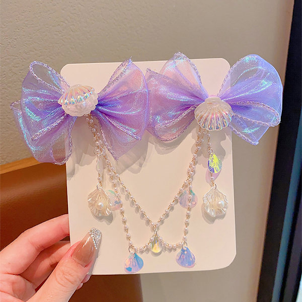 Lapset Mermaid Princess Pearl Fringe Bow Otsaketju Hiukset A2