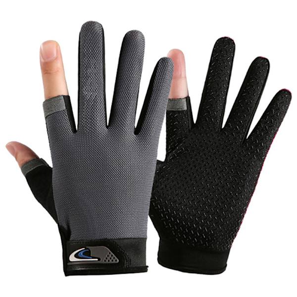 1 par Anti-Slip andningsbara fiskehandskar Two Finger Slitstark O Gray