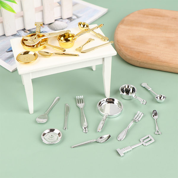 11 st/ set Dollhouse Miniatyr sked gaffel pott redskap modell kit Silver