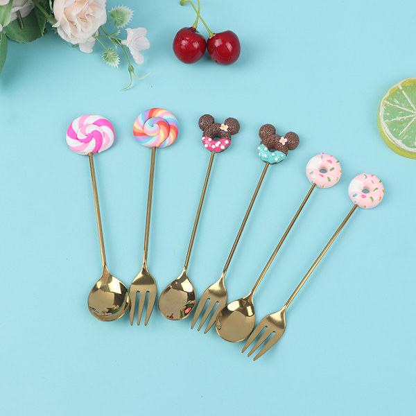 4 stk./sæt Doughnut Candy ske/gaffel mælk kaffe røre ske Kitc 4pcs donut fork