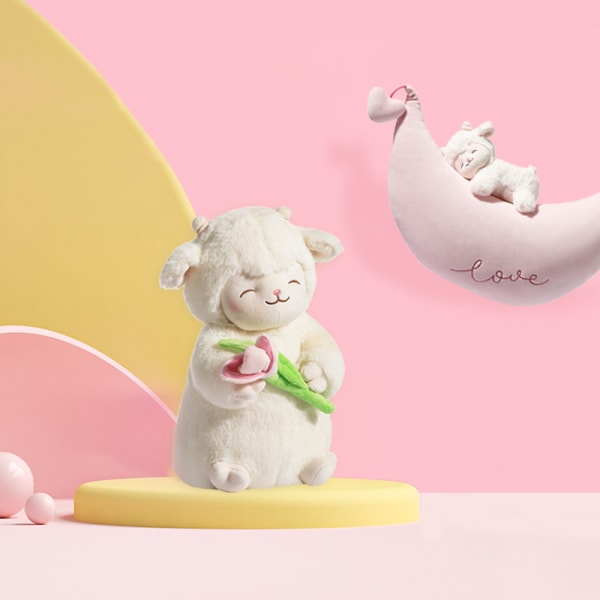 Söta Vita Får Lam Hold Tulpan Blomma Mjuk Fylld Kram Docka P A2