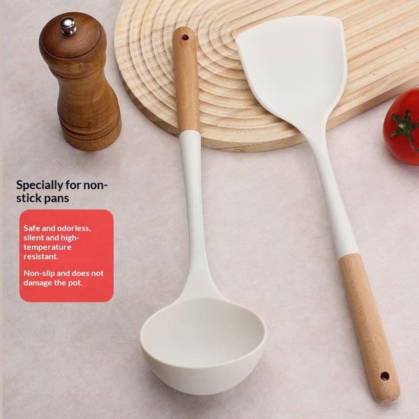 Vit silikon köksredskap med trähandtag, non-stick A3