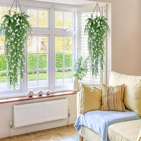2 stk. kunstige hængeblomster med eukalyptusblade grønnere A3