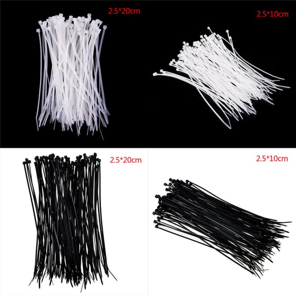 100 stk Fastgør Hvid Sort Kabel Wire Zip Binde Selvlåsende Nylo Black L