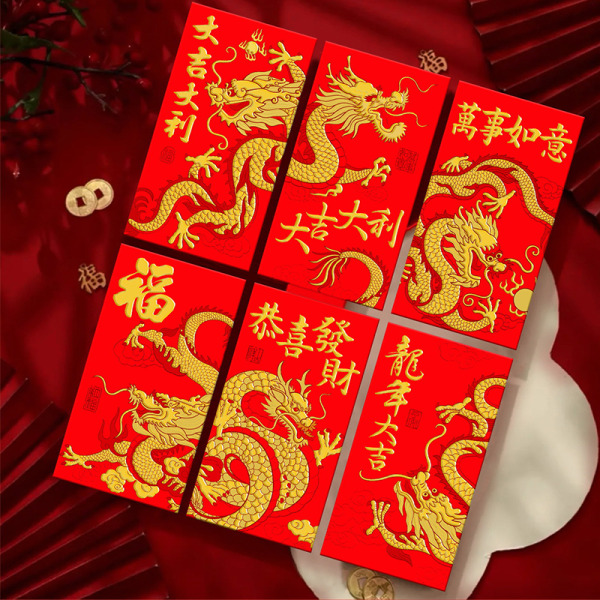6 stk/sett Lange røde konvolutter Dragon Hongbao Lucky Money Gift En 6