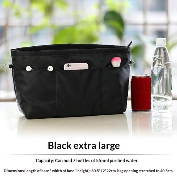 Vintage Kosmetisk Organizer Indsats Taske Lynlås Multi Lomme Solid Black XL