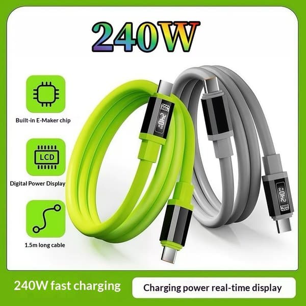 1/3 stk USB C til C 240W hurtiglading strømdisplaykabel ledning 1 Green B