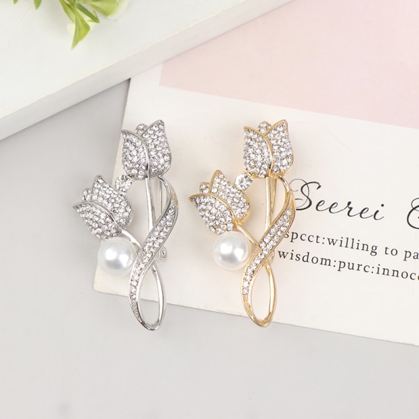 1 Stk Broche Rhinestone Tulip Flower Broche Anti-glare Broche Col Silver