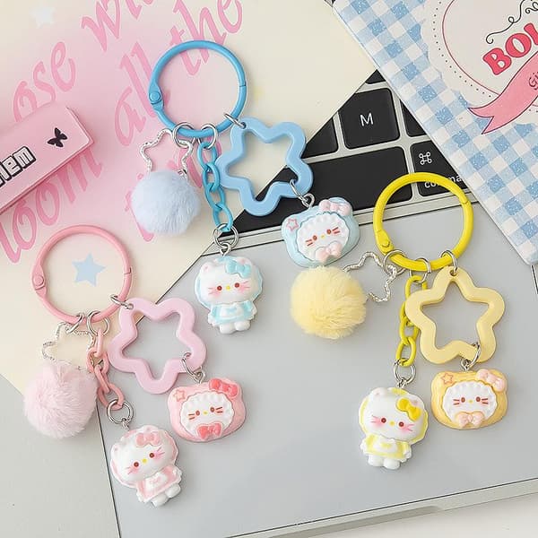 Sød Kat Nøglering Med Pom Pom Stjerne Ring Kawaii Harpiks Dyr Nøgle C A7