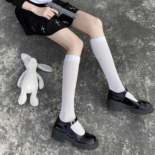 Japan Style Strømper Lange Sokker Solid Svart Hvit Kvinne Sokker Black
