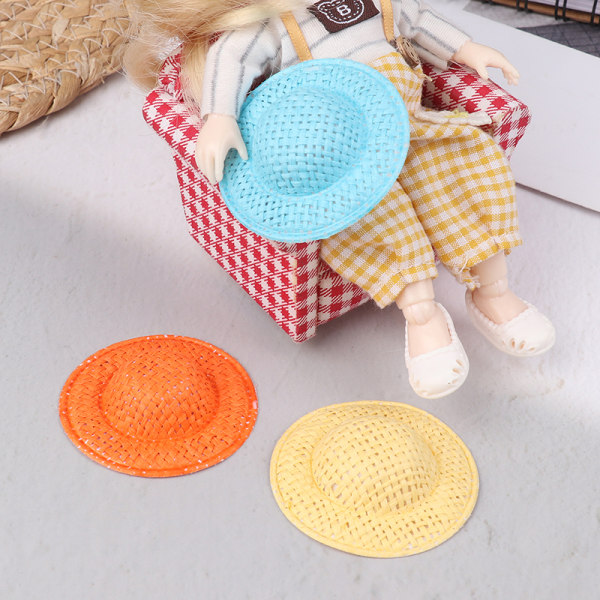 5 Styck Dollhouse Handvävd Straw Hat Doll Mini Coloful Hat Doll Yellow