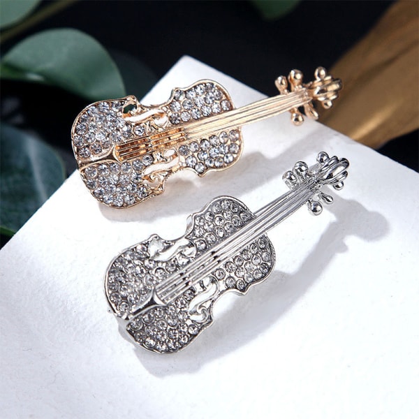 Fashion Violin Rhinestone glänsande brosch för kvinnor kläder Access Gold