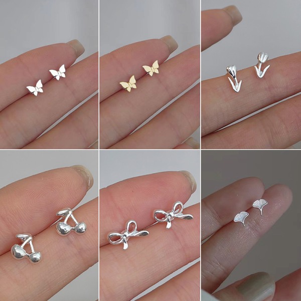 1 Par Minimalist Silver s Ear Studs Tulip Cherry Small Love Hea A14