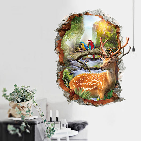 3D Deer Papukaija Rikkoutunut ikkuna Seinätarra Eläimet Mural Shop Wi