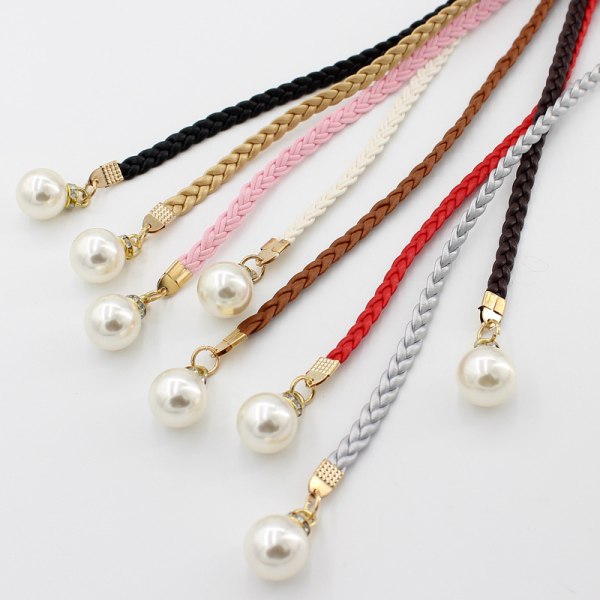 Creative Thin PU Belt Simulated Pearl midjebälten Red