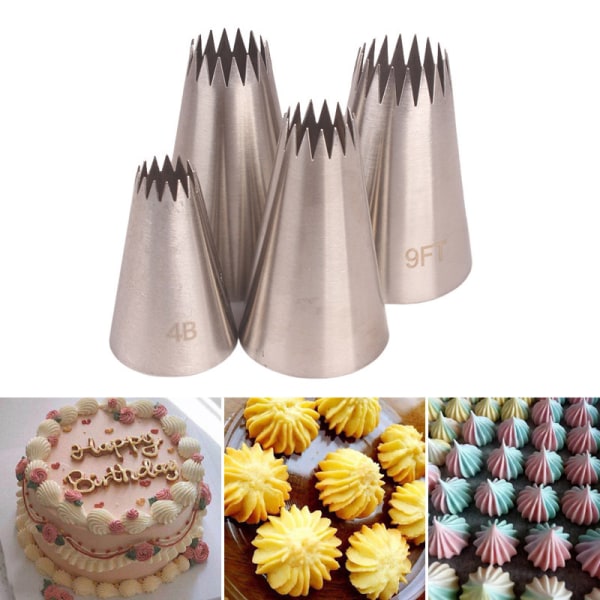 4 STK Store glasurrørsdyser Kagebagning Cookie Cupcake Pipi