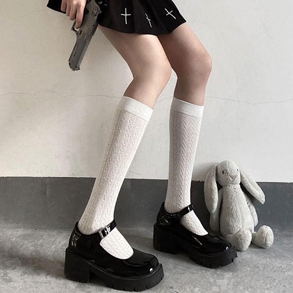 Japan Style Strømper Lange Sokker Solid Svart Hvit Kvinne Sokker White