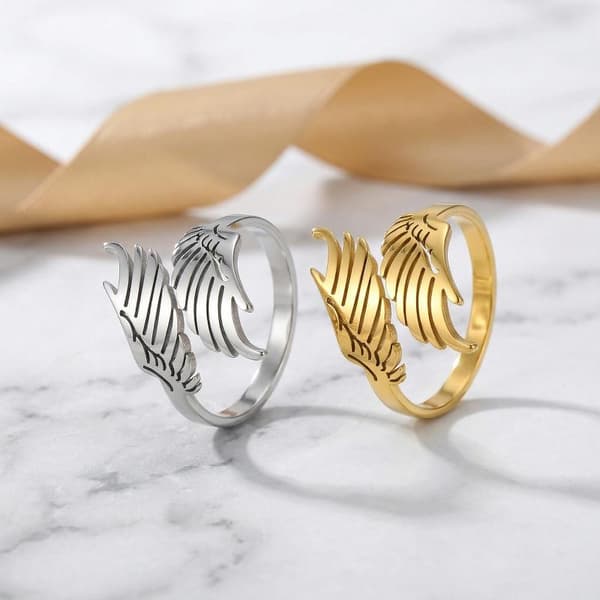 Rustfrit stål englevinge ring åbning justerbar fjer smykker Silver