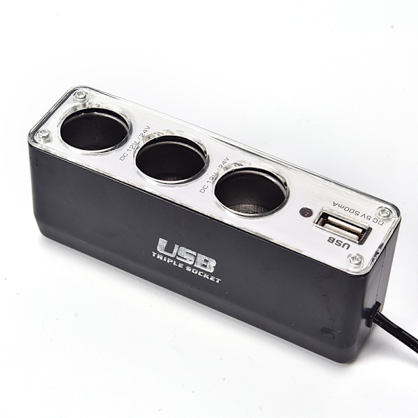 Sort 3-veis Multi Socket Bil Lighter Splitter USB-lader