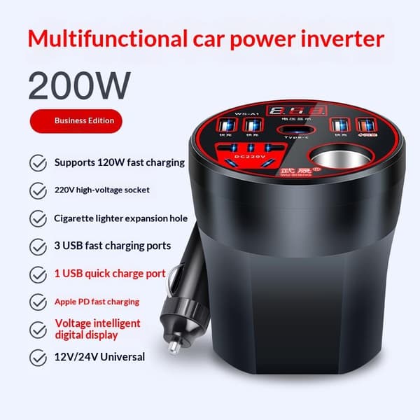 200W Bilstrømomformer 12V/24V til 220V Omformer LED-skjerm C A