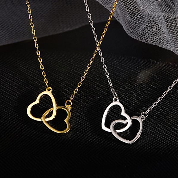 Enkelt dubbelt hjärta hänge Choker halsband Guld Silver Färg C Silver