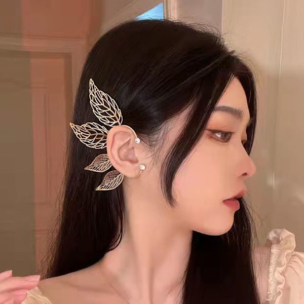 1 Stk Chic Elf Ear Cuff Maple Leaf Hollowed Zircon Leaf Cosplay Gold Left ear