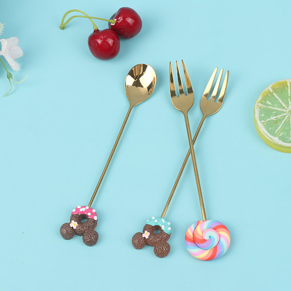 4 stk./sæt Doughnut Candy ske/gaffel mælk kaffe røre ske Kitc 4pcs Lollipop Fork