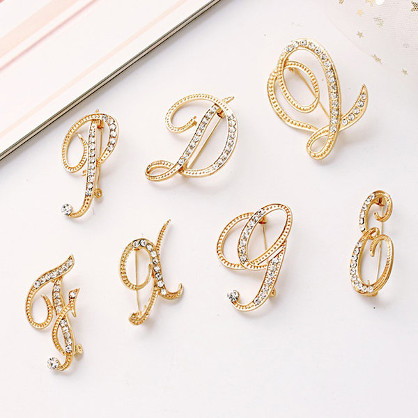 Rhinestone 26 engelska initiala bokstäver Brosch Pin Gyllene brosch H