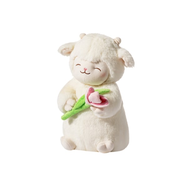 Söta Vita Får Lam Hold Tulpan Blomma Mjuk Fylld Kram Docka P A2