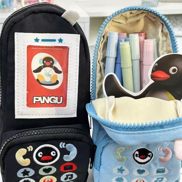 Kawaii Pingvin Canvas Pennväska Telefonform Stor Kapacitet Statio Black