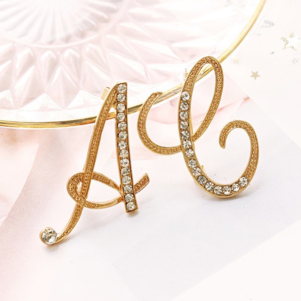 Rhinestone 26 engelska initiala bokstäver Brosch Pin Gyllene brosch H
