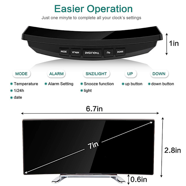 7 tuuman digitaalinen herätyskello Kaareva himmennettävä LED-elektroniikka White
