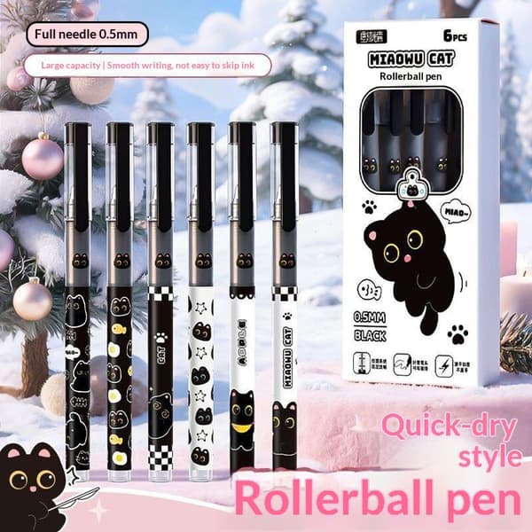 6 STK Sort Kul Kat Direkte Flydende Rollerball Pen Med Mini Smo A1