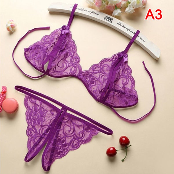 Kvinnor Sexiga Underkläder Spets BH Set Ruffle Transparent Underkläder Purple