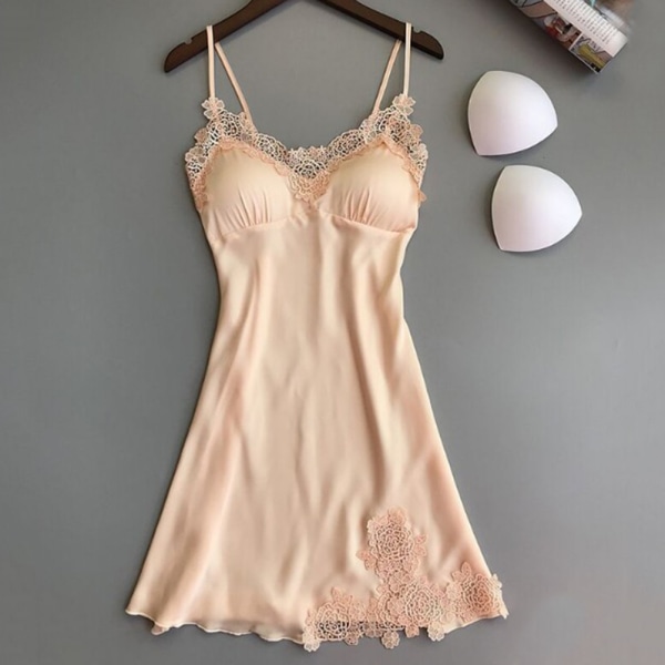 Kvinder Sexet Lingeri Silke Lace Robe Kjole Babydoll Natkjole Beige S