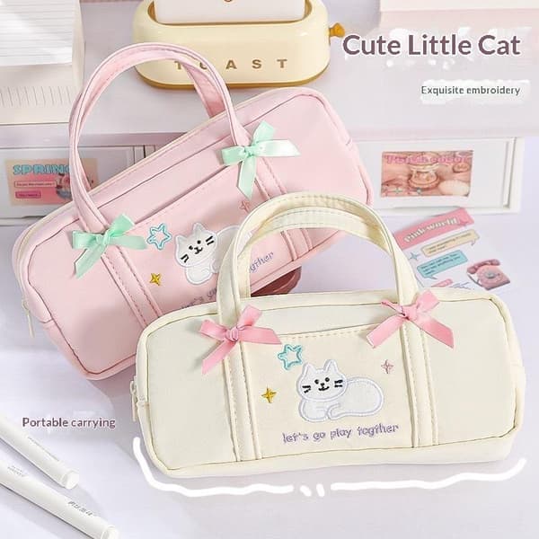 e Bow Kitten Pennväska Bärbar Broderi Högt Värde Liten Fr White
