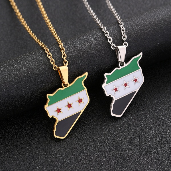 Rustfrit stål Syrien Kort Flag Vedhæng Halskæde Mode Syrisk Gold