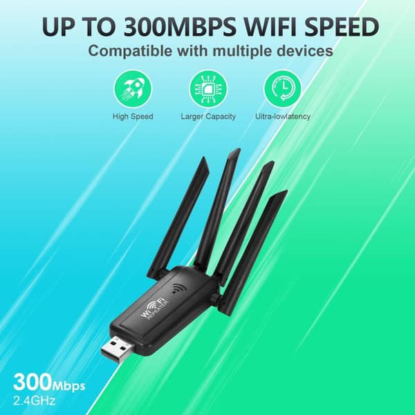 2.4G 300Mbps USB Trådløs WiFi Repeater 4 Antenne WiFi Signal A Black