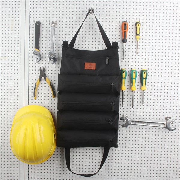 Roll Up Tool Bag Canvas Tool Pouch Organizer Slitesterk hengende Black 48*28.5cm