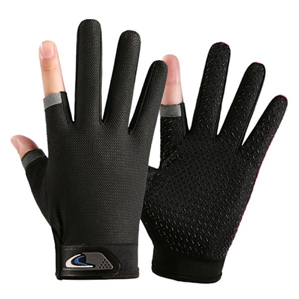 1 par Anti-Slip andningsbara fiskehandskar Two Finger Slitstark O Black