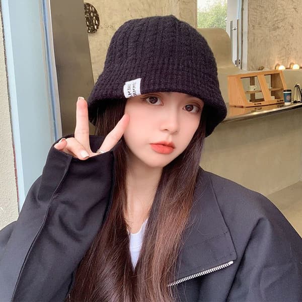Dam Vinter Bucket Hat Varm Ull Stickad Fisherman Cap Casual Fol Black