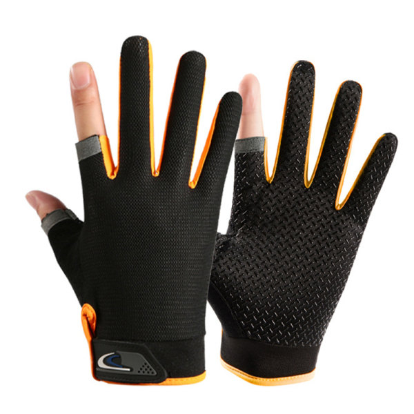 1 par Anti-Slip andningsbara fiskehandskar Two Finger Slitstark O Orange